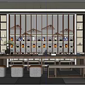 Traditional Tea House Interior Design With Wooden Shelves Tea Sets And Stools