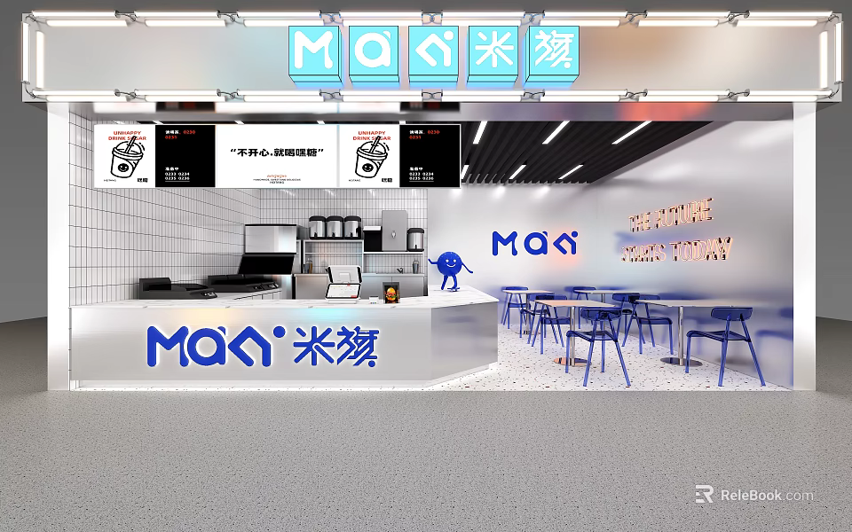 MOQI Milk Tea Shop With White Walls Black Counter Blue Tables For Cozy Afternoon Tea 3d model 