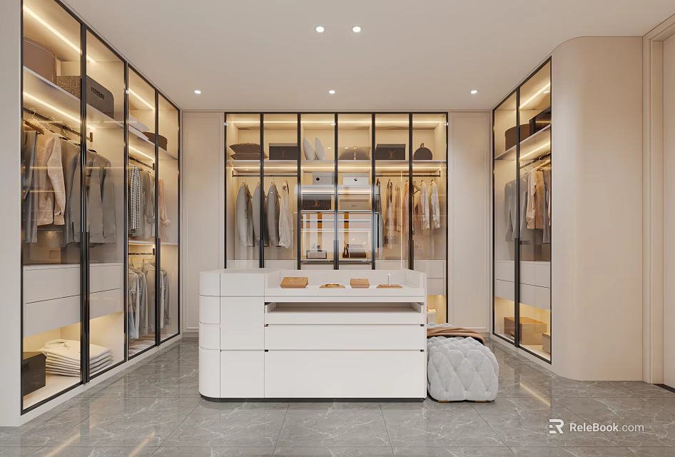 Modern Walk In Closet Interior With Glass Wardrobes And Central Island 3d model 