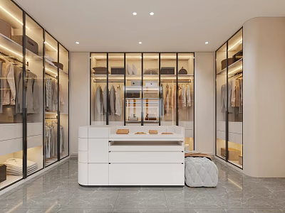 Modern Walk In Closet Interior With Glass Wardrobes And Central Island 3d model
