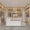 Modern Walk In Closet Interior With Glass Wardrobes And Central Island