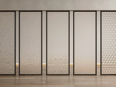 Stylish Room Dividers Featuring Textured Glass Panels And Black Metal Frames For Modern Interior Spaces 3d model