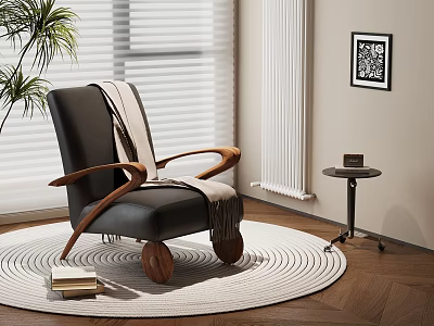 Modern Indoor Space With Black Armchair Wooden Armrests Blanket Round Woven Rug And Books 3d model
