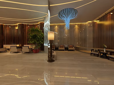 Modern Luxury Sales Office Interior Design With Chandelier Sofa Seats Green Plants And Marble Floor 3d model