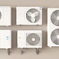 Six White Air Conditioner Fans With Circular Blades In Two Rows Three Columns Light Brown Background