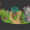Cartoon Scene With Green Trees Rocks Dirt Path Green Grass And Pink Flowers