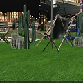 Garden Landscape With Black Sunshades String Lights Green Lawn Folding Chairs Cactus Decorations Modern Buildings