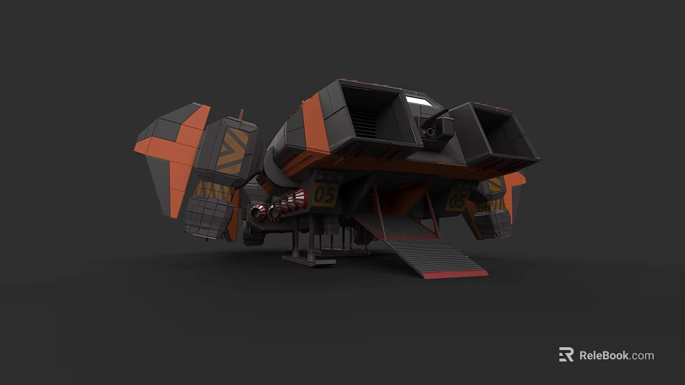 Sci Fi Spaceship Model With Black And Orange Exterior And Mechanical Details 3d model 