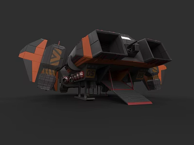 Sci Fi Spaceship Model With Black And Orange Exterior And Mechanical Details 3d model