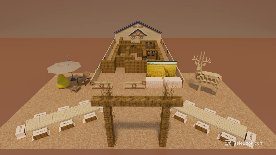 Rustic Outdoor Event Setup With Straw Arch Seats Deer Sculpture And Hay Bales 3d model 