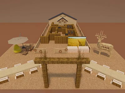 Rustic Outdoor Event Setup With Straw Arch Seats Deer Sculpture And Hay Bales 3d model