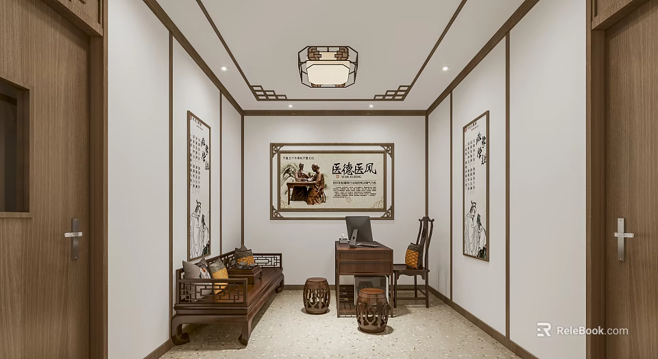 Traditional Chinese Room Interior With Wooden Furniture Calligraphy Paintings And Lantern Chandelier 3d model 