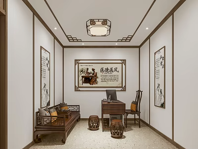 Traditional Chinese Room Interior With Wooden Furniture Calligraphy Paintings And Lantern Chandelier 3d model