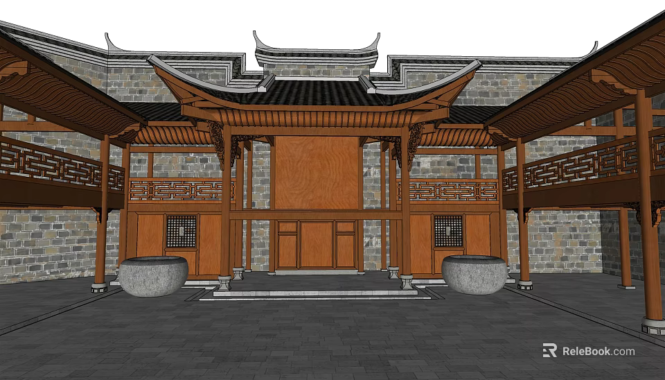 Traditional Chinese Ancient Architecture With Curved Eaves Wooden Structure Stone Steps And Stone Urns 3d model 
