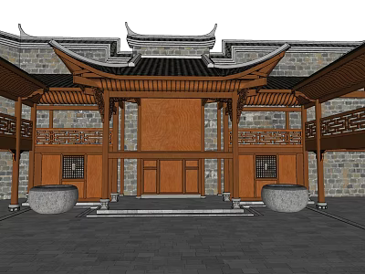 Traditional Chinese Ancient Architecture With Curved Eaves Wooden Structure Stone Steps And Stone Urns 3d model