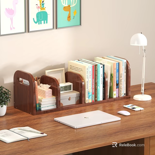 Wooden Desktop Bookshelf with Books Photo Frame Box Table Lamp Laptop Mouse And Potted Plant 3d model 