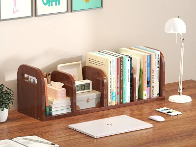 Wooden Desktop Bookshelf with Books Photo Frame Box Table Lamp Laptop Mouse And Potted Plant 3d model