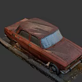 Red Old Rusty Abandoned Car With Dusty Surface And Fallen Leaves Parked Outdoors