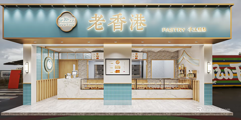 Traditional Hong Kong Pastry Shop With Glass Display Cases And Marble Counter 3d model 