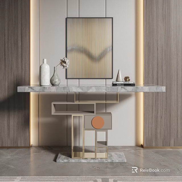 Elegant Modern Console Table With Marble Top Vases Sculpture And Wall Art 3d model