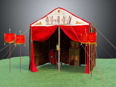 Ancient Style Tent With Red Curtains Decorated Top and Flags in Grass Field 3d model