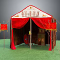 Ancient Style Tent With Red Curtains Decorated Top and Flags in Grass Field