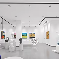 Modern Art Gallery Interior With Colorful Paintings And Sculptures On