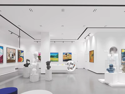 Modern Art Gallery Interior With Colorful Paintings And Sculptures On 3d model
