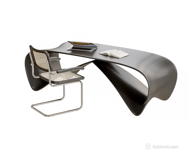 Modern Curved Desk Design With Metal Frame Chair Open Book And Notebook 3d model 