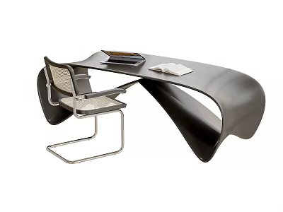 Modern Curved Desk Design With Metal Frame Chair Open Book And Notebook 3d model