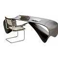 Modern Curved Desk Design With Metal Frame Chair Open Book And Notebook