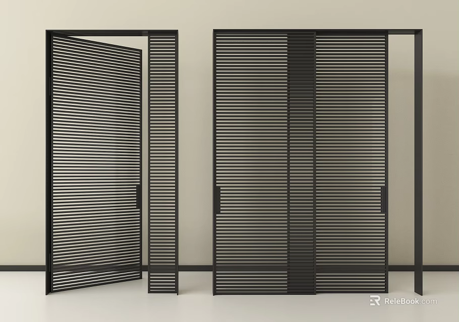 Black Sliding Doors With Vertical Slats In Modern Minimalist Interior Design 3d model 