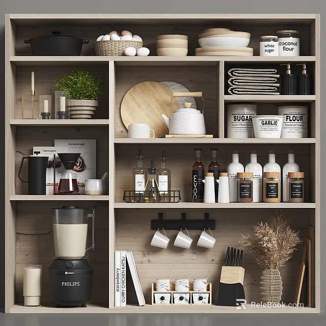 Kitchenware Organized On Wooden Shelves With Kettle Cups Blender And Jars 3d model 