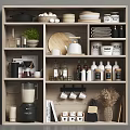 Kitchenware Organized On Wooden Shelves With Kettle Cups Blender And Jars