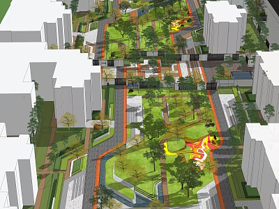 Residential Landscape Design With Green Spaces Paths Trees And Surrounding Buildings 3d model