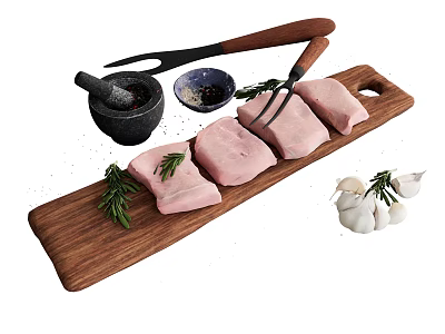Raw Pork Tenderloin on Wooden Cutting Board with Rosemary Garlic Mortar and Fork 3d model
