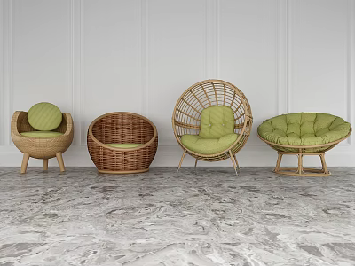 Rattan Leisure Chairs With Green Cushions In Various Designs Against White Wall And Marble Floor 3d model