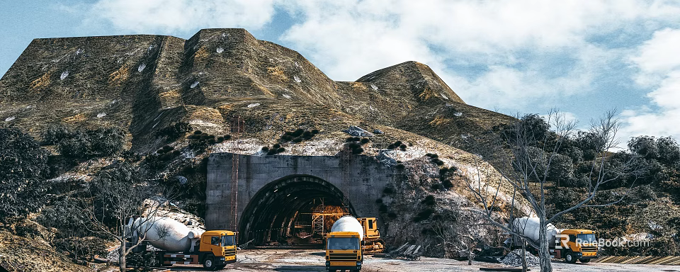 Swing Door Installation In Mountain Construction Site With Snowy Landscape And Tunnel 3d model 