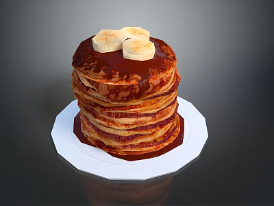 Delicious Stack of Fluffy Pancakes Topped with Banana Slices and Chocolate Syrup on White Plate 3d model