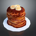 Delicious Stack of Fluffy Pancakes Topped with Banana Slices and Chocolate Syrup on White Plate