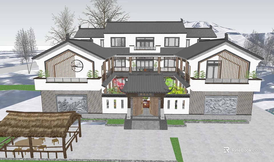 Traditional Chinese Style Homestay Building With Courtyard Black Roof And Wooden Structure 3d model 