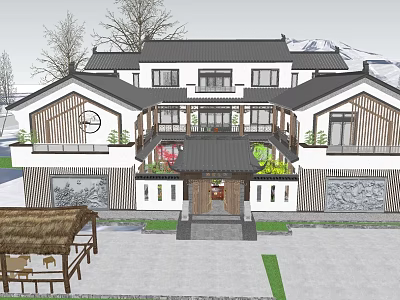 Traditional Chinese Style Homestay Building With Courtyard Black Roof And Wooden Structure 3d model