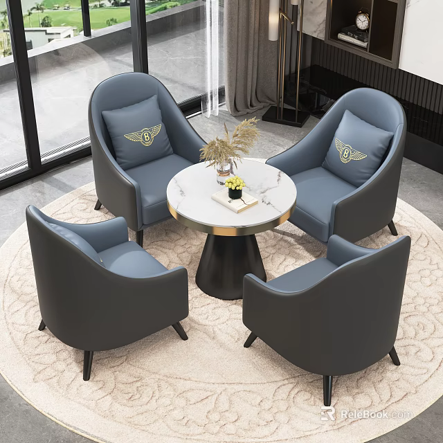Elegant Hotel Public Lounge Area With Gray Armchairs Round Table Green Plant And Round Rug 3d model 