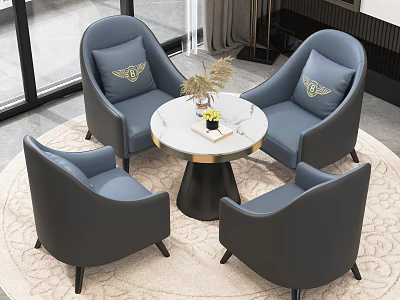 Elegant Hotel Public Lounge Area With Gray Armchairs Round Table Green Plant And Round Rug 3d model