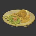 Tasty yellow curry rice served with fresh green lettuce and crispy bacon on white plate