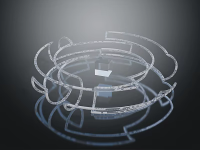 Transparent Lines Forming Circular 3D Structure With Small Square On Dark Background 3d model