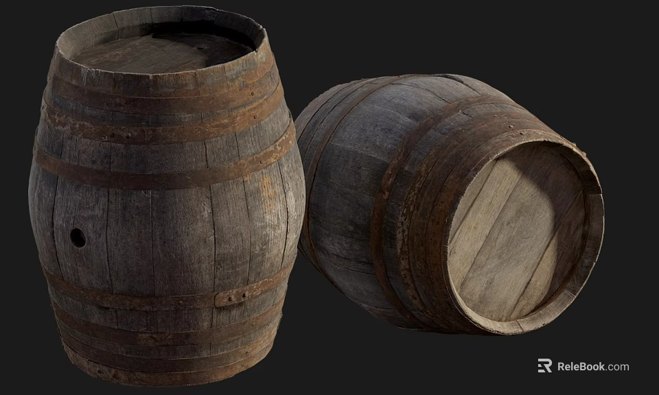 Decorative Ornament Set Featuring Vintage Wooden Barrels with Rustic Wood Grain and Metal Hoops 3d model 