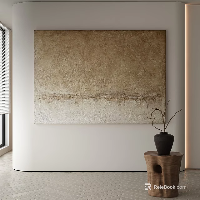 Abstract Painting Brown Beige Gradient Textured With Black Vase Wooden Stand White Wall Natural Light 3d model 