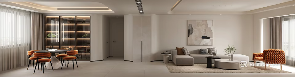 Elegant Modern Living And Dining Room Space With Beige Sofa And Minimalist Decor 3d model 
