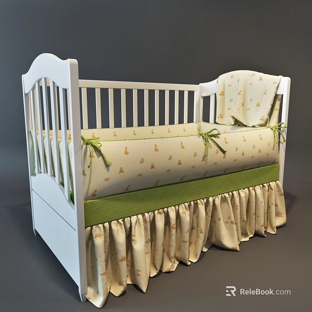 White Baby Crib With Animal Print Bedding Green Ribbons And Ruffled Skirt 3d model 